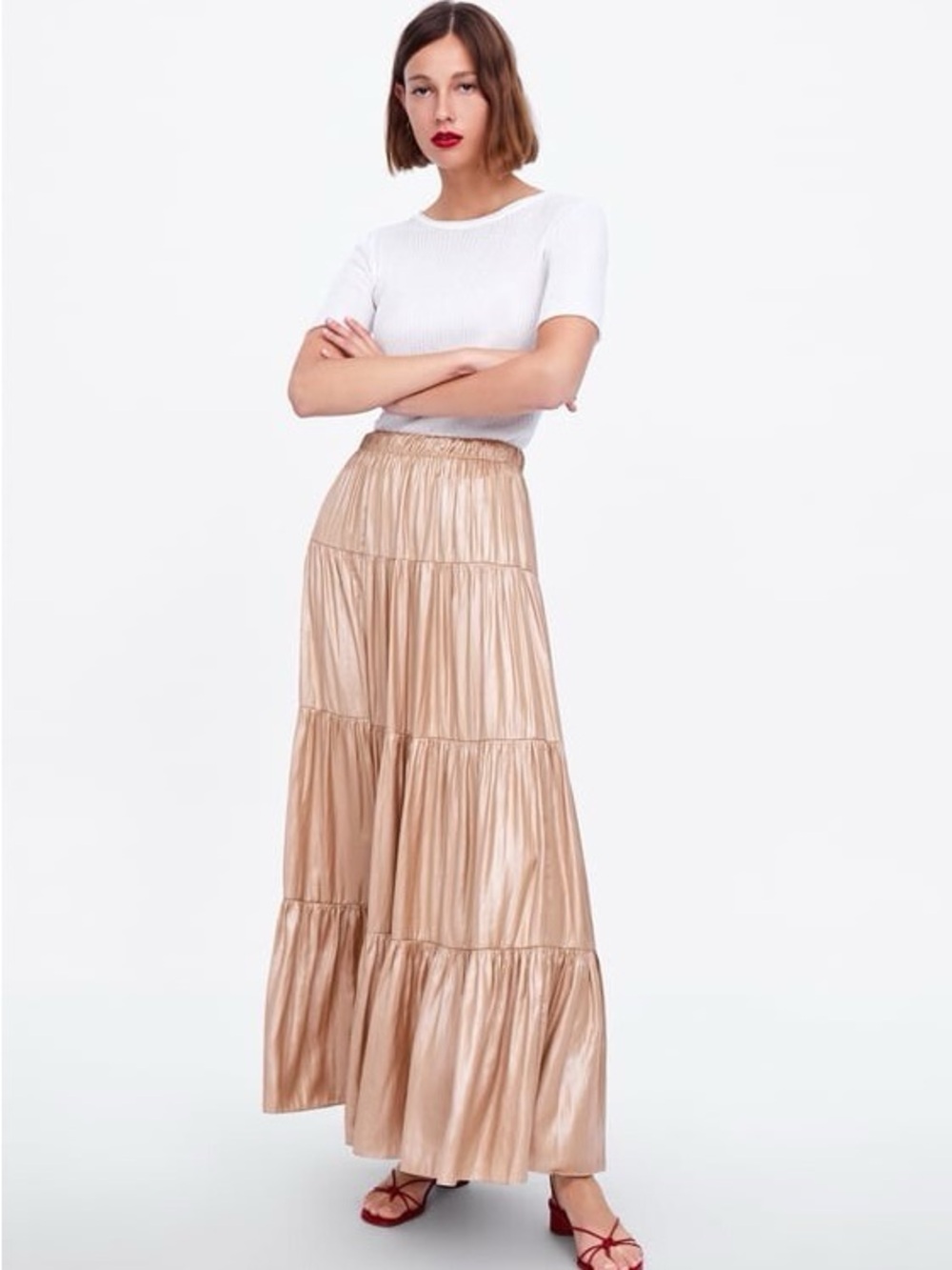 🌼ZARA🌼 Tiered Blush Satin Maxi Skirt, Size S/M